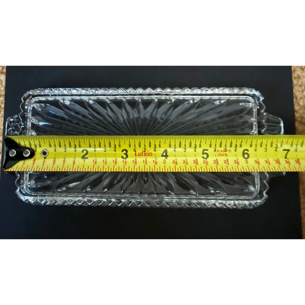 Vintage Mini Clear Pressed Glass Covered Butter Dish Starburst Diamond Pattern